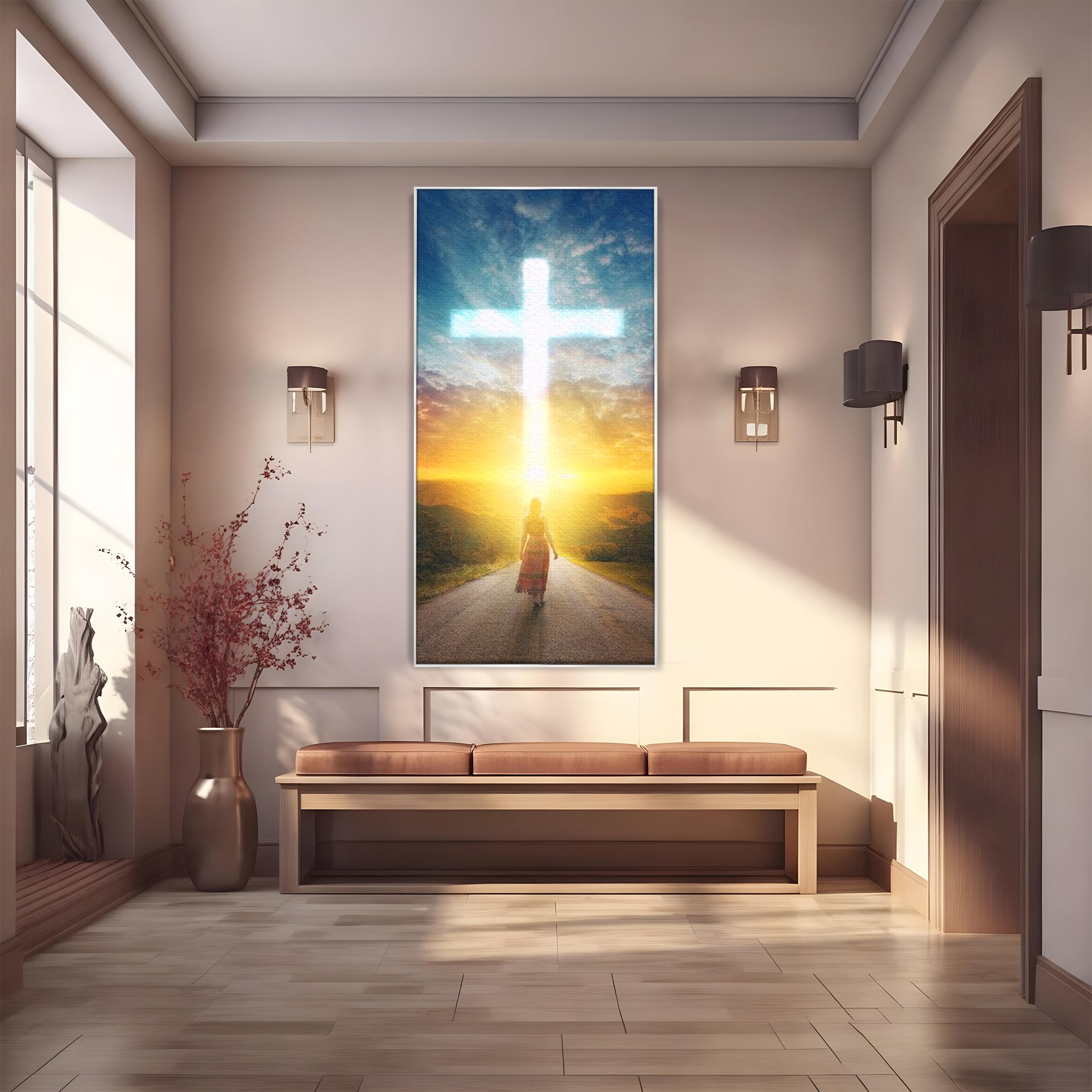 Tablou canvas cu tablou canvas cu o femeie pe drum spre o cruce luminoasa, in rama de aluminiu argintiu